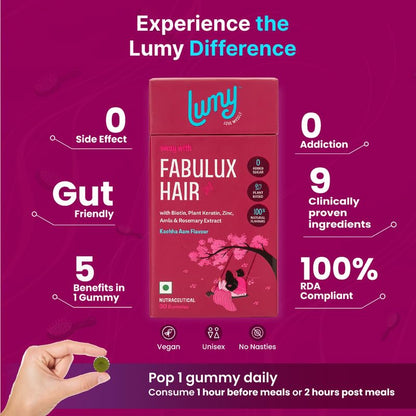 Lumy Fabulux Hair Gummies Biotin & Plant Keratin for Radiant Hair & Nail | Prebiotic Gut-Hair Support | 30 Day Pack | Zinc, Amla, Rosemary for Healthy Scalp | No Added Sugar, Vegan