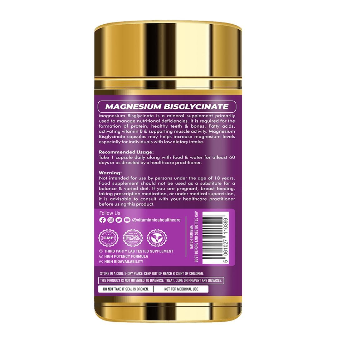 Vitaminnica Magnesium Bisglycinate For Men and Women- Magnesium Oxide Vitamin B6 B5 - Good Sleep - 60 Capsules