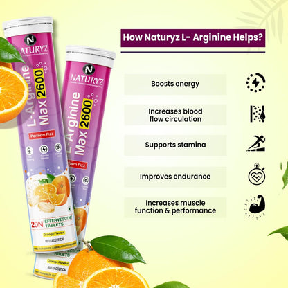 Naturyz L-Arginine Max 2600 Effervescent Tablets|Boosts Stamina|Increases Blood Flow|Improves Performance|Pre-workout Supplement 20 capsules (Orange Flavour), 3 count,