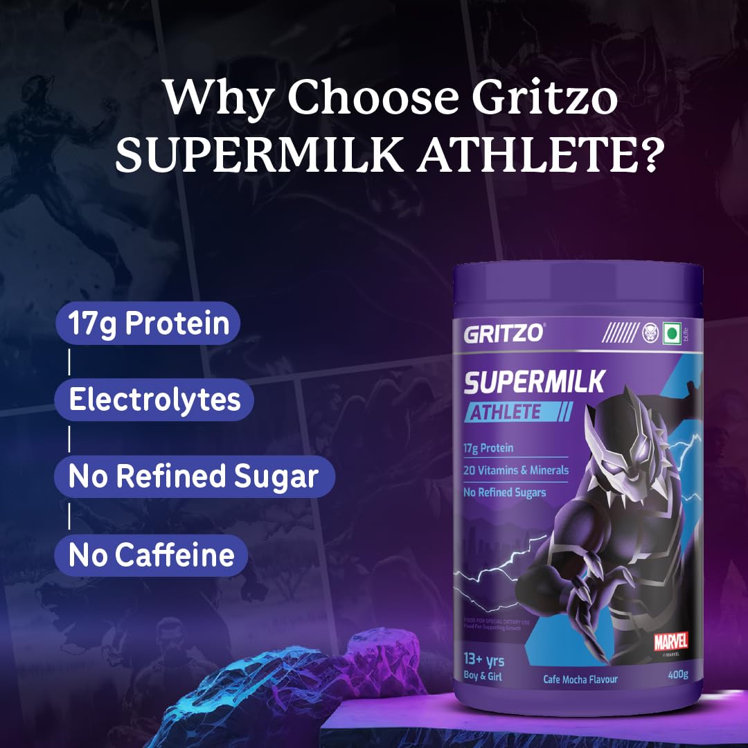 Gritzo SuperMilk Athlete Black Panther (13+y Boy & Girl), 17g Protein Powder (Cafe Mocha, 400g) | No Refined Sugars, 20 Vitamins & Minerals