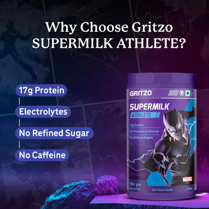 Gritzo SuperMilk Athlete Black Panther (13+y Boy & Girl), 17g Protein Powder (Cafe Mocha, 400g) | No Refined Sugars, 20 Vitamins & Minerals