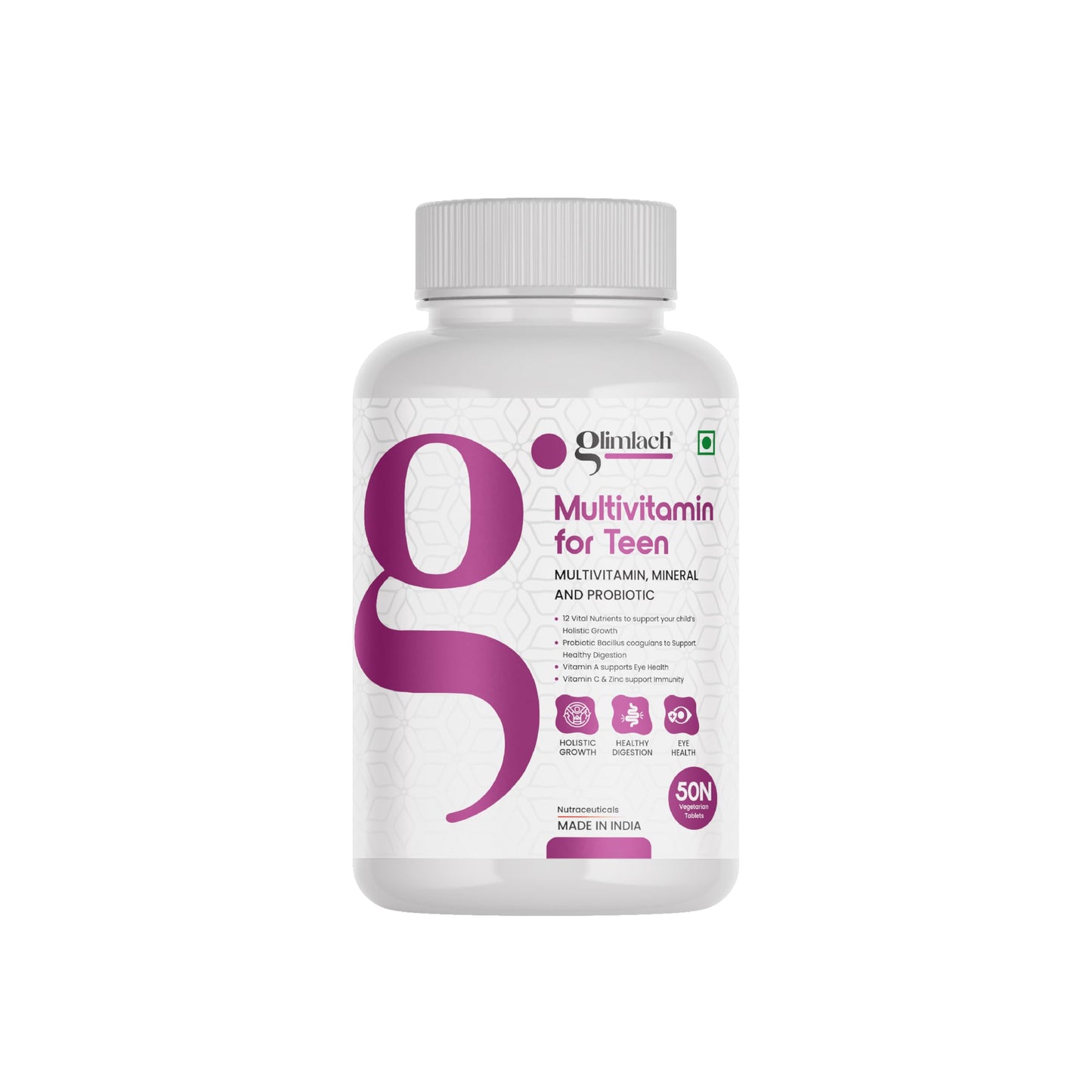 GLIMLACH Multivitamins For Teenagers, 50 Multivitamin Tablets, with Zinc, Vitamin C, Vitamin D3, Multiminerals and Enhances Energy, Stamina & Immunity