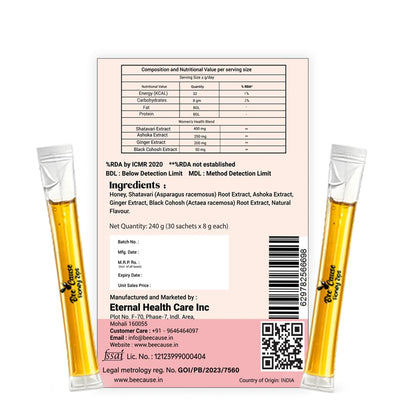 BeeCause HerHarmony Honey Zips for Women | Hormonal Balance Supplement Alternate with Shatavari, Ashoka, Ginger & Black Cohosh | Supports PCOS & Menstrual Wellness | Better Cycle, Ease Pain- 30 Sachets(240g)