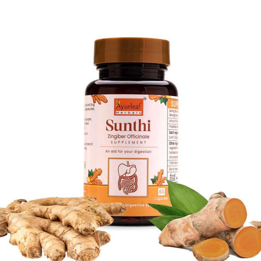 Ayurleaf Herbal Sunthi Supplement - Zingiber Officinale (Ginger) Capsules for Digestion, Bloating, and Nausea Relief (500mg, 60 Capsules)