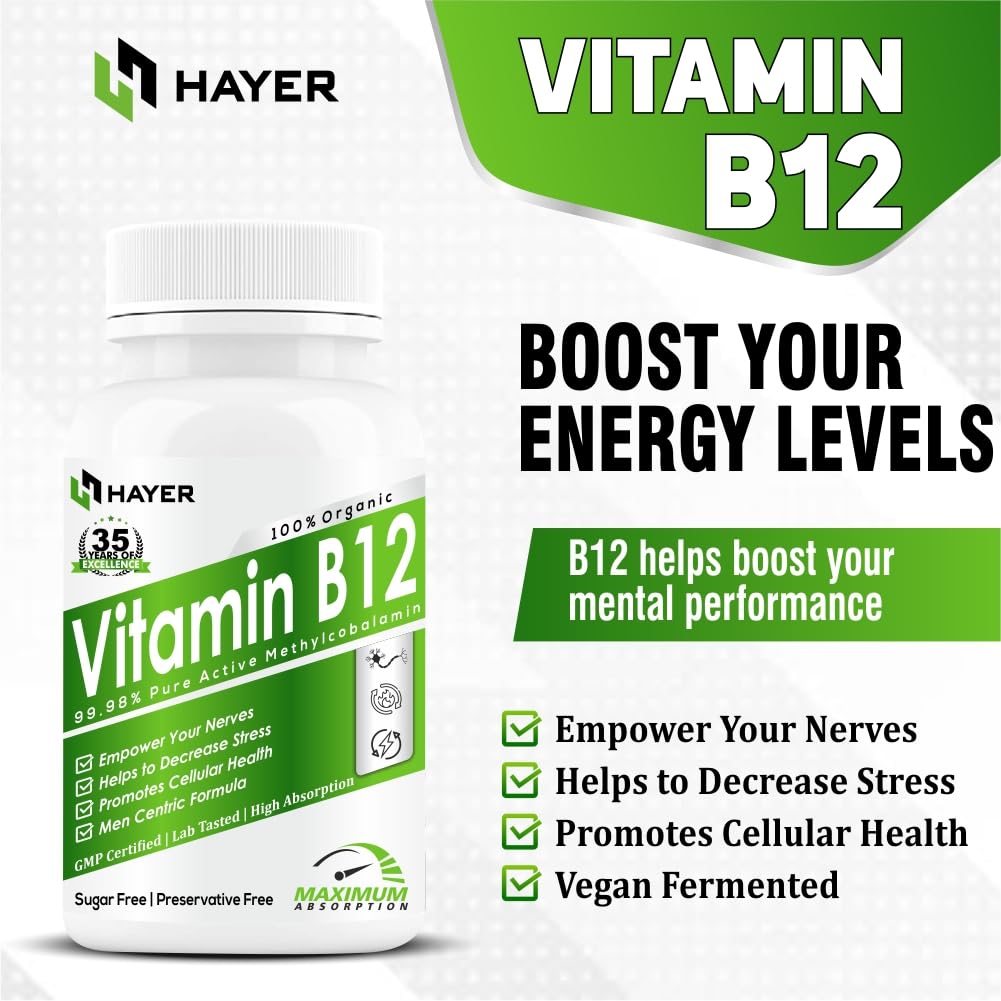 HAYER Vitamin B12 Tablets For Men, Methylcobalamin With 1500mcg Vit b 12 Rich Plant Extracts, B1, Moringa To Support Healthy Nerve Function Supplements-60 Tablet Vegan (Pack1)