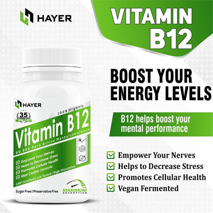 HAYER Vitamin B12 Tablets For Men, Methylcobalamin With 1500mcg Vit b 12 Rich Plant Extracts, B1, Moringa To Support Healthy Nerve Function Supplements-60 Tablet Vegan (Pack1)