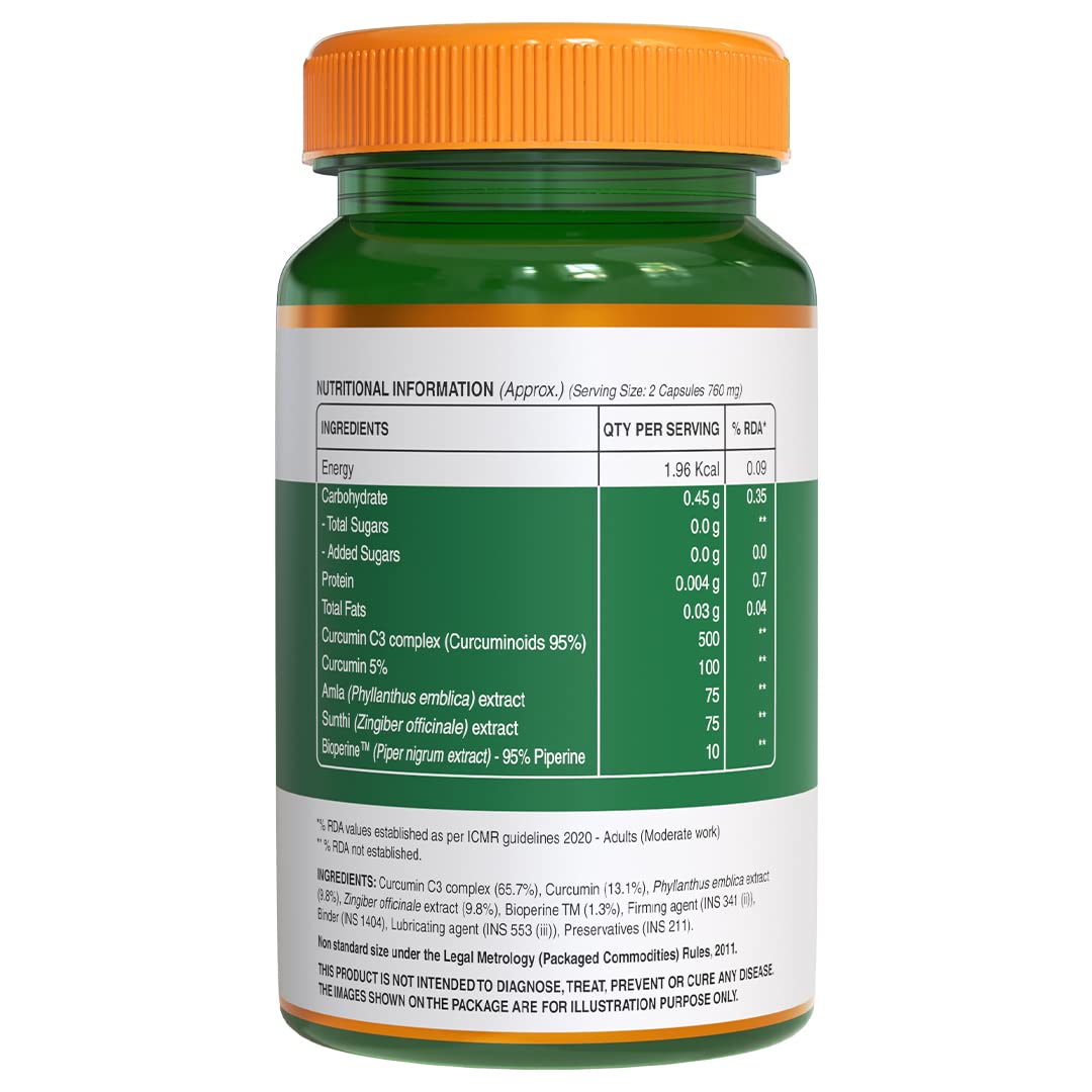 Pure Nutrition Curcumin with C3 Complex (Curcuminoids 95%), Bioperine™(Piper Nigrum), Amla & Sunthi Extracts | Fights Inflamation, Relieves Joint Pain, Rich in Antioxidants | 60 Veg Capsules