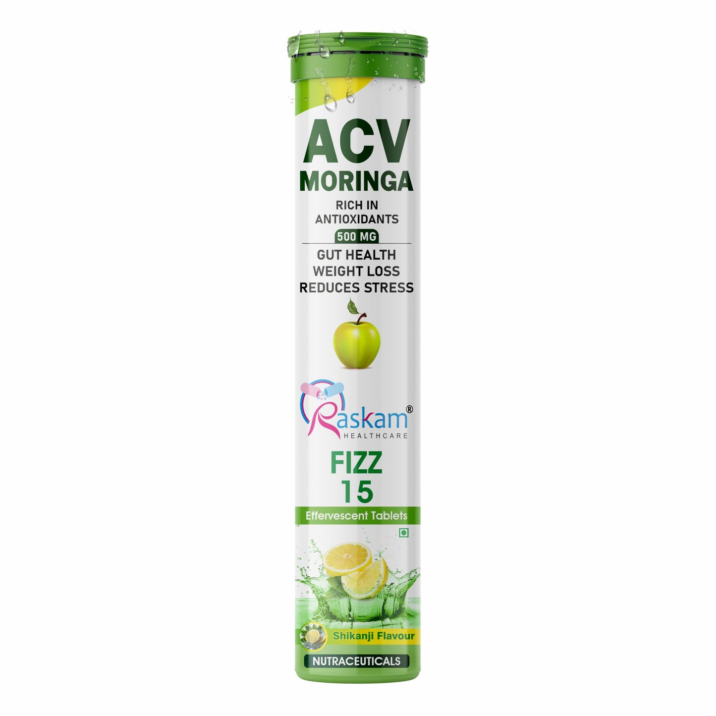 Raskam ACV Moringa Effervescent Tablets | 15 Tablets, 500mg Natural Energy & Immunity Booster with Antioxidants (Shikanji) Pack of 1