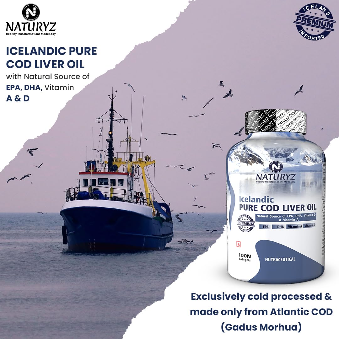 Naturyz Imported Icelandic COD Liver Oil Capsules with Natural Omega 3 (EPA & DHA), Rich in Vitamin D & A, Mercury Free, Immunity, Skin, Eye, Muscle & Joint Health Softgels, 100 Count, Pack of 1