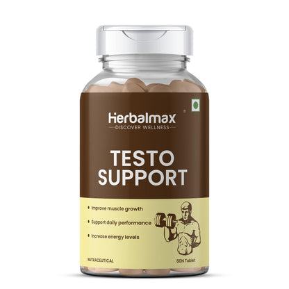 Herbalmax Testo Support Testosterone Supplement | With Gokshura, Safed Musli, L-Arginine & Ashwagandha | Natural Testosterone Booster for Strength, Stamina, Performance & Energy – 60 Tablets