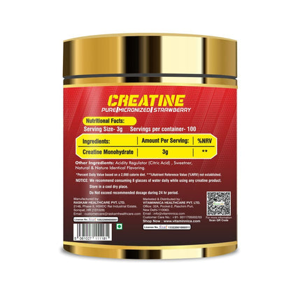 Vitaminnica Micronized Creatine Powder- 100 Servings - 300g |100% Pure Creatine Monohydrate Powder for Performance and Muscle Power (100 Servings, Strawberry)