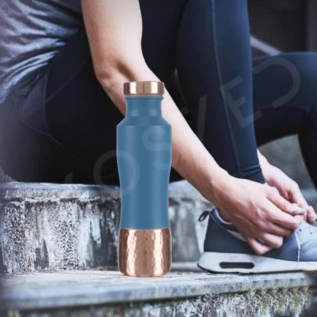 KOSVED Pure Copper Jasmine Dual Colour Tone Water Bottle: 100% Copper, Leak-proof, For Everyday Use, (800ml / 27oz)- Blue