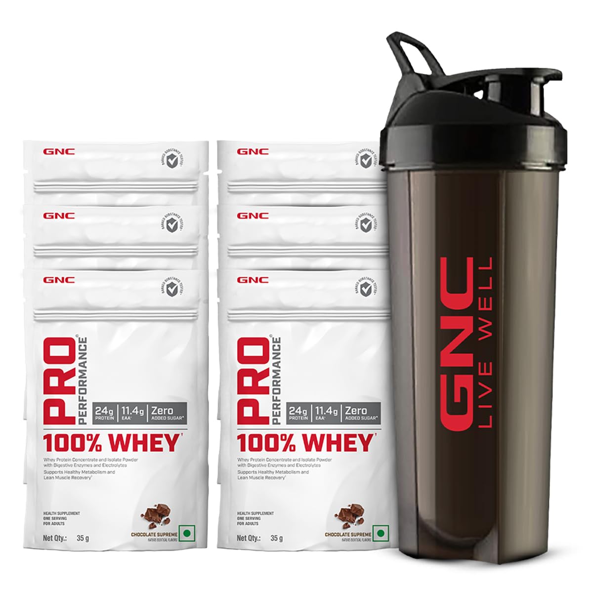 GNC 100% Whey Protein Powder & Black Shaker | Chocolate Supreme | 35g x 6 Sachets | DigeZyme® | Muscle Recovery & Lean Growth