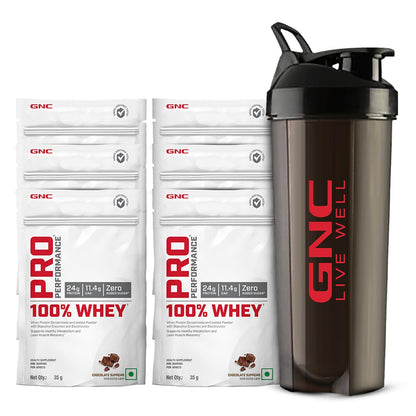 GNC 100% Whey Protein Powder & Black Shaker | Chocolate Supreme | 35g x 6 Sachets | DigeZyme® | Muscle Recovery & Lean Growth