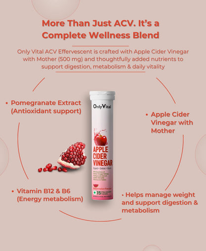 OnlyVital ACV Effervescent Tablets 500mg with Mother Vinegar, Pomegranate, Vitamin B12 & B6 | Digest & Metabolism Support | Watermelon