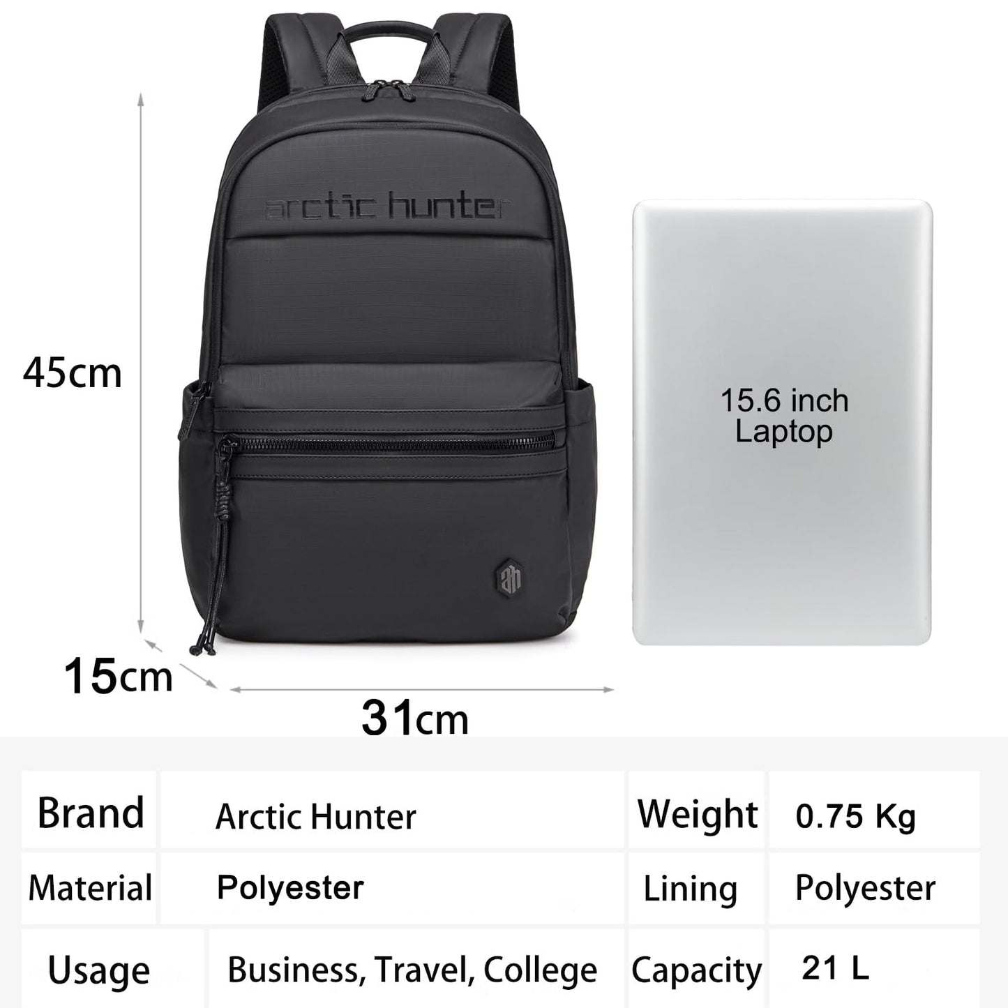 Arctic Hunter Compact Backpack for Men Women 21L One-Day-Capacity Slim 15.6" Laptop Bag Sleek Lightweight Water-resistant Small Laptop Backpack for Casual College Daypack