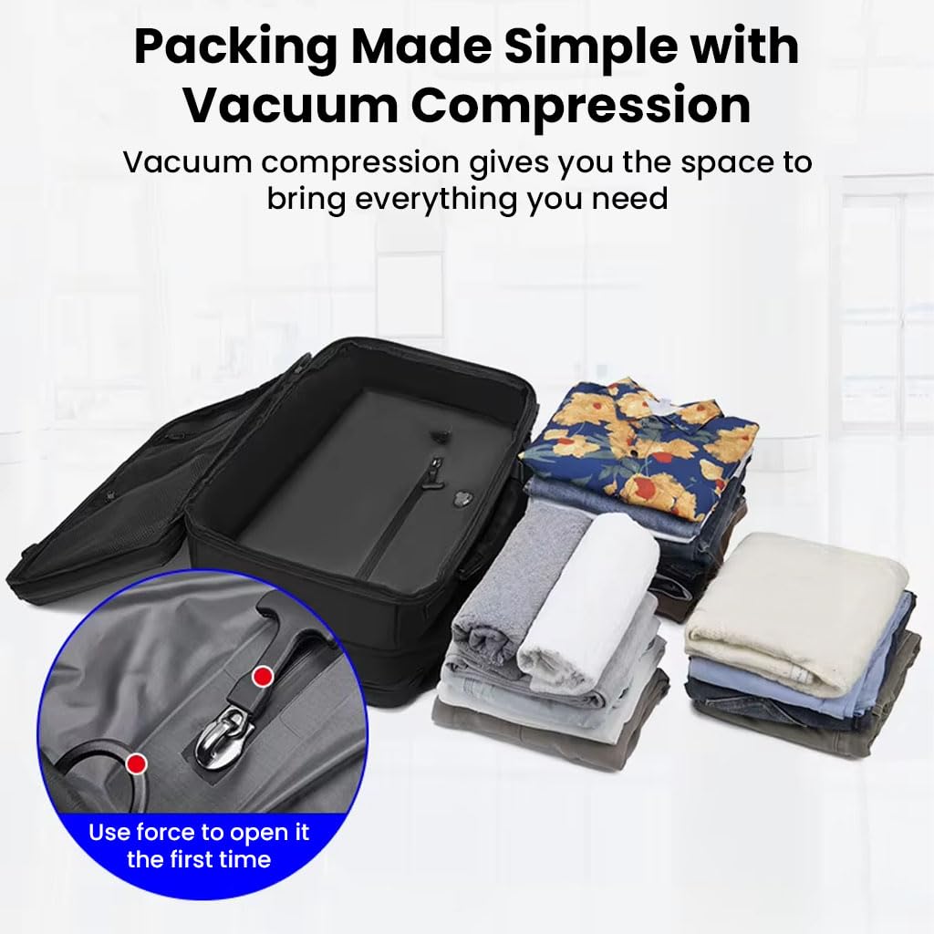 TECPHILE AirPack Backpack with Vacuum Compression 60L Large Capacity Expandable Bag, 19” Laptop Compartment, Waterproof, TSA Lock, Anti-Theft, Charging Port Electronic Weighing Handle (with Pump)