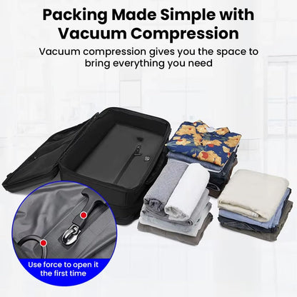 TECPHILE AirPack Backpack with Vacuum Compression 60L Large Capacity Expandable Bag, 19” Laptop Compartment, Waterproof, TSA Lock, Anti-Theft, Charging Port Electronic Weighing Handle (with Pump)