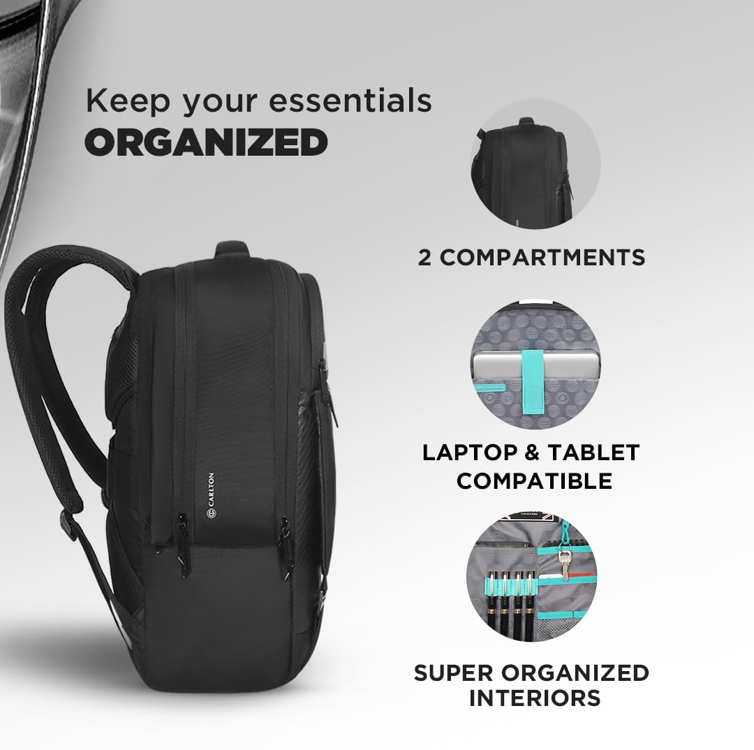 CARLTON Laptop Backpack 20L With Rain Cover, Pockets for Hard drive, Passport Pocket & Air Cushion System | Midnight Black | Dorset 03