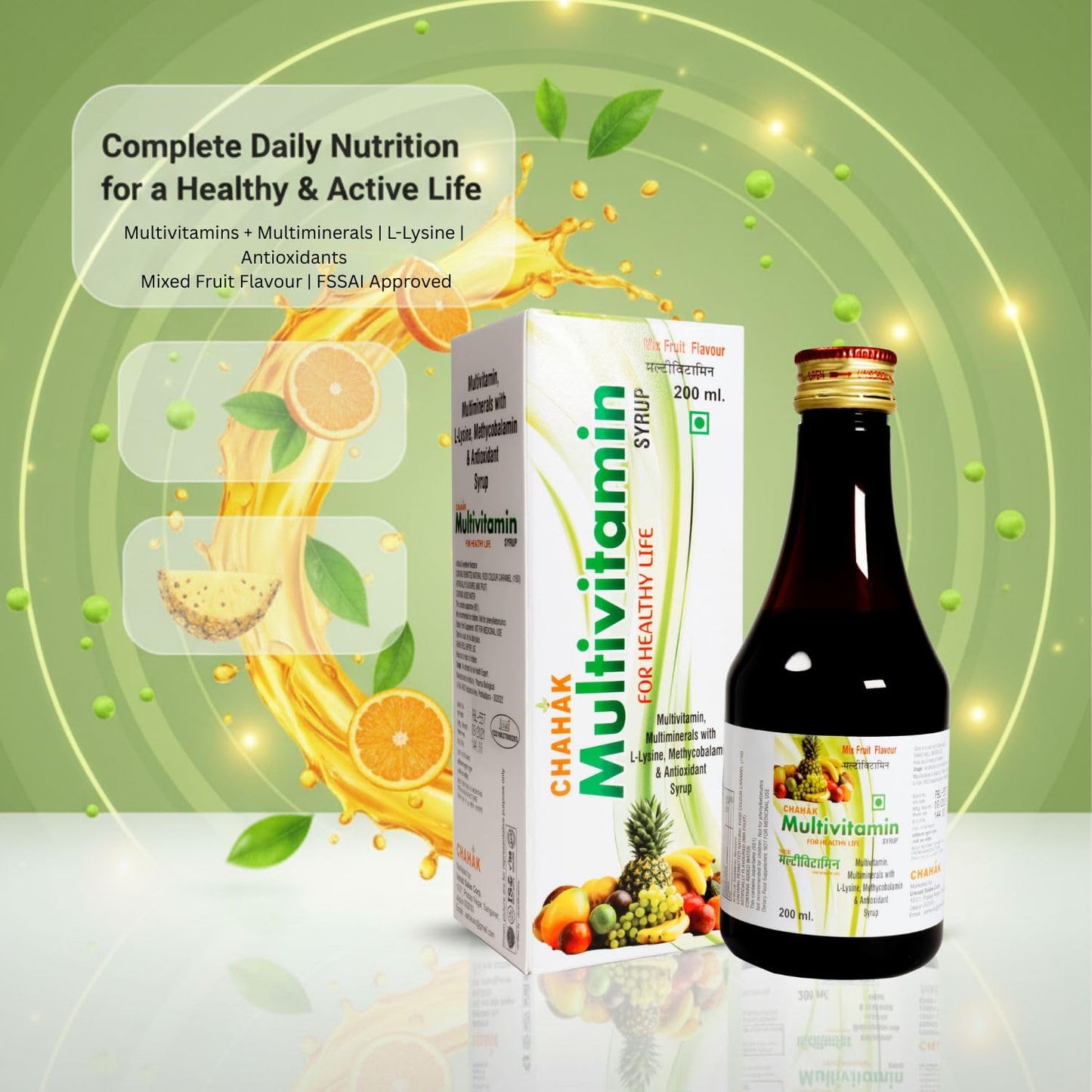 CHAHAK Multivitamin Syrup 200 ml (Pack of 2) | Multivitamin & Multimineral with L-Lysine, Methylcobalamin & Antioxidants | Mixed Fruit Flavour | Daily Nutritional Supplement for Adults