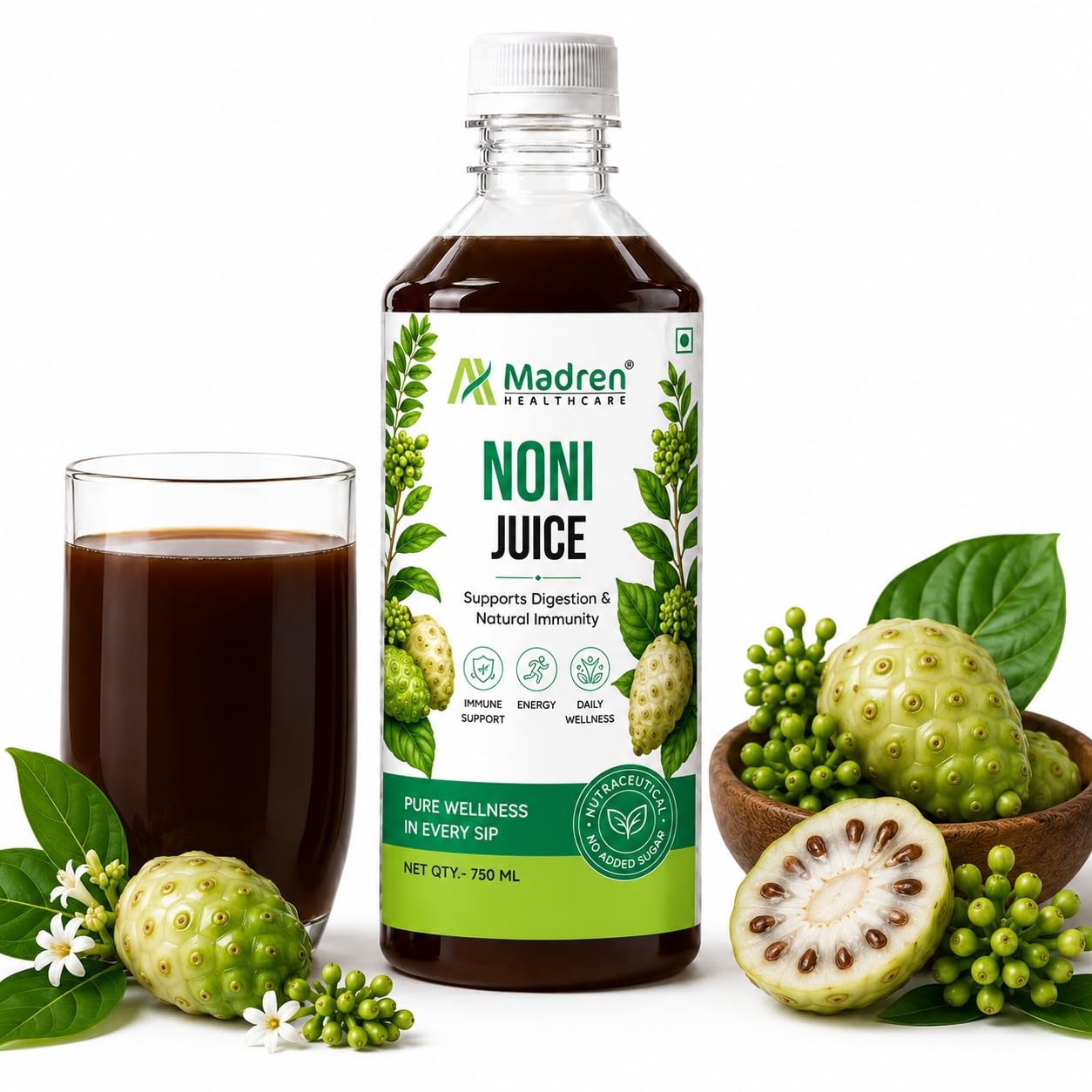 Madren Healthcare Ayurvedic Noni Juice 750ml | Rich in Antioxidants for Immunity & Energy Support | Natural Detox Juice | Supports Overall Wellness & Vitality | No Added Sugar | Daily Health Supplement for Men & Women