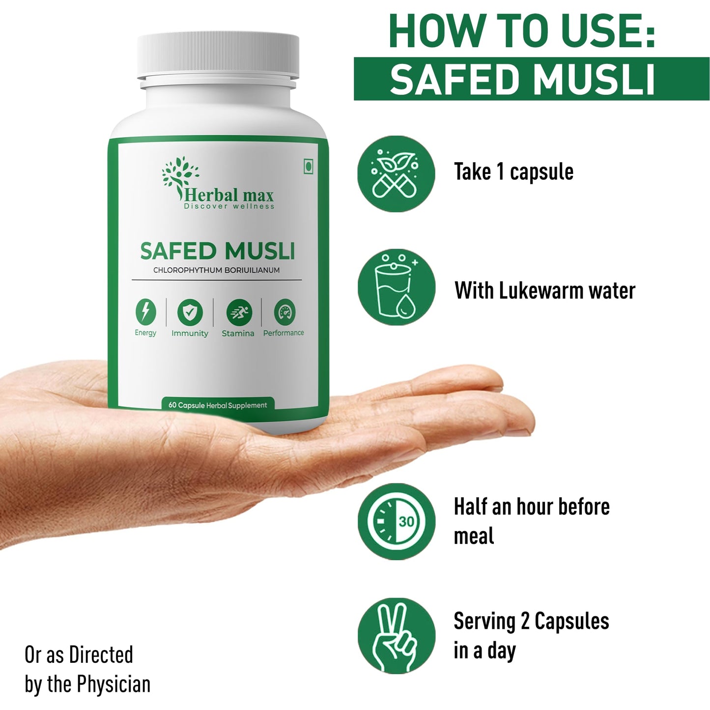 Herbal max Safed Musli Capsule for Natural Energy & Immunity Booster, Support Body Strength, Stamina, Stress Relief, Performance Enhancer for Men & Women – 800mg (60 Veg Cap