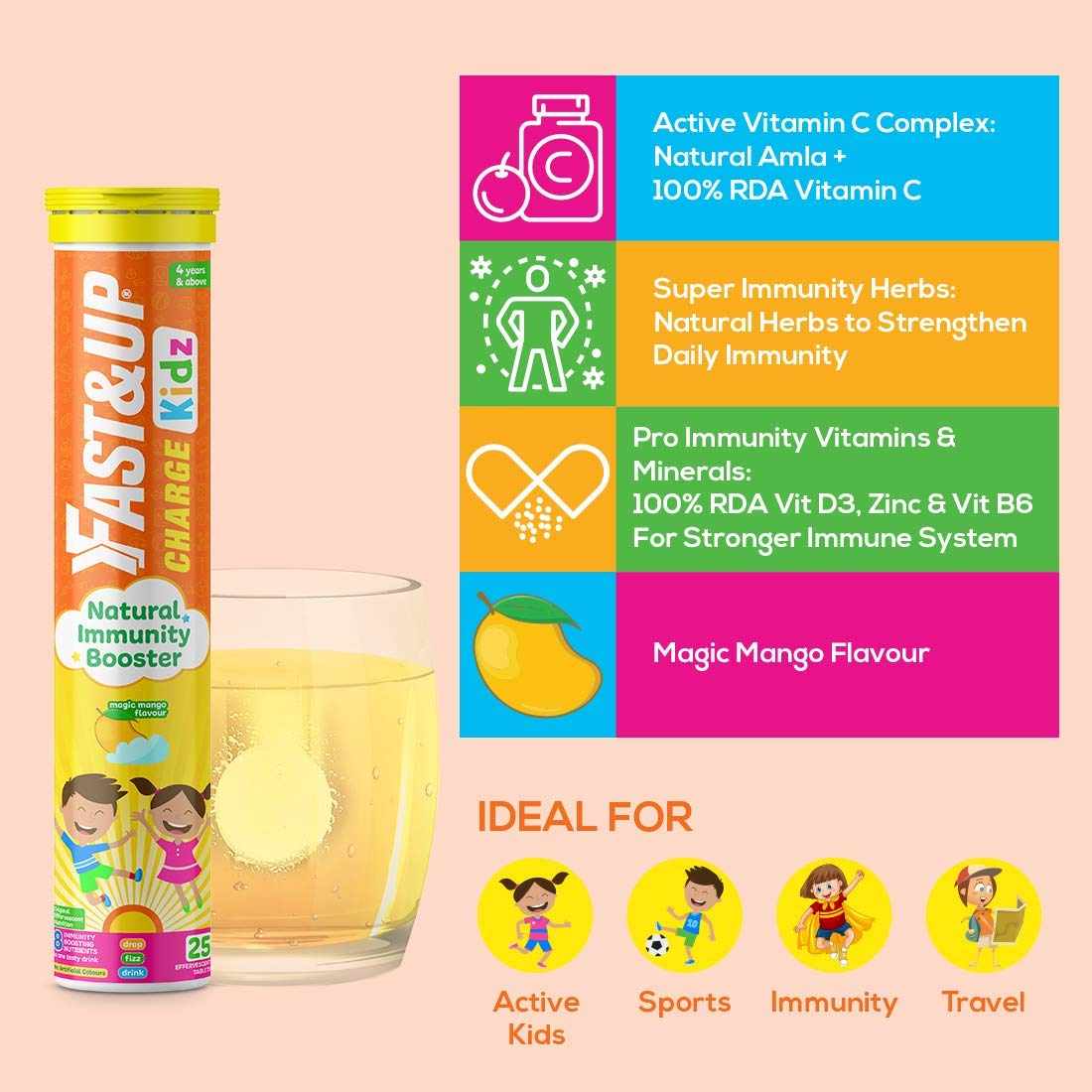 Fast&Up Charge Kids - Daily Immunity Essential Multivitamin for Kids - Zinc, Vitamin C, D3 & B6 with Turmeric, Ginger & Tulsi Extracts (25 Effervescent Tablets, Mango Flavor)