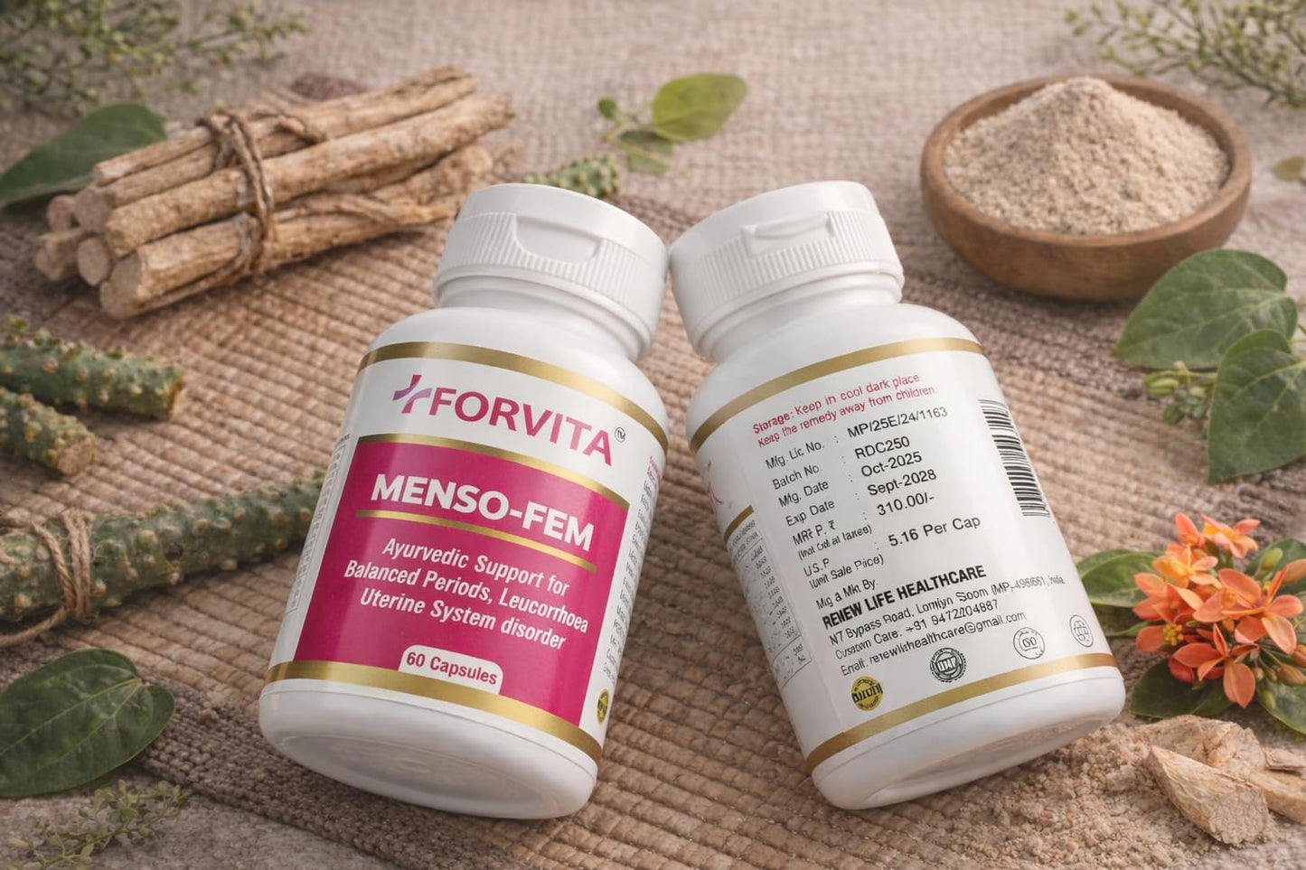 FORVITA Menso-Fem Ayurvedic Women's Wellness Capsules| Hormonal Balance Support for Women | Menstrual Cycle & PMS Support with Ashoka & Shatavari | 10:1 Herbal Extract | Menopause & Perimenopause Wellness| 60 Capsule