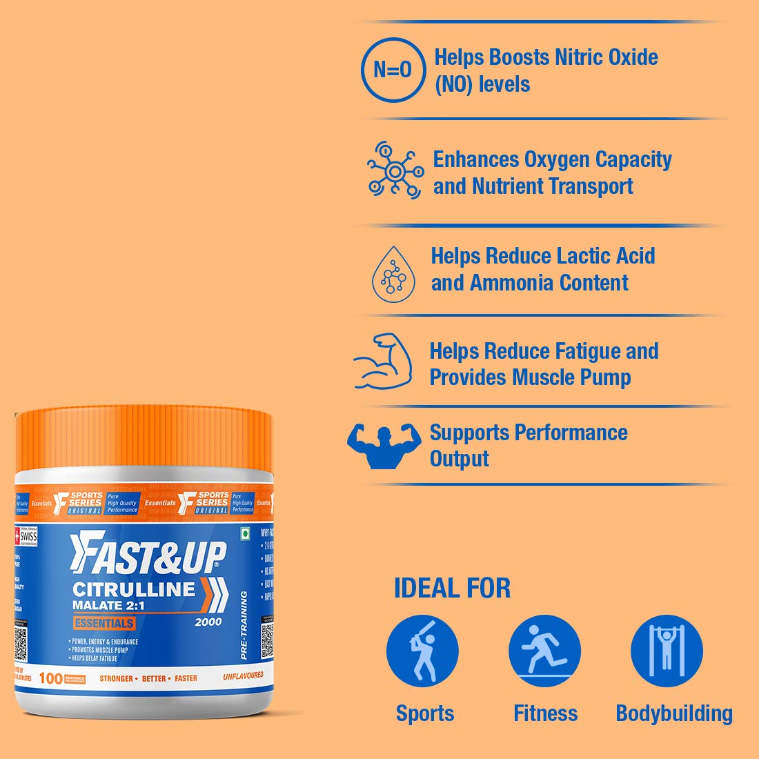 Fast&Up Citrulline (2000mg- 100 Servings, Pack of 200g powder) Citrulline Malate to Enhance Muscle Pump, Sustain Longer Workouts & Boost Recovery (Unflavored)