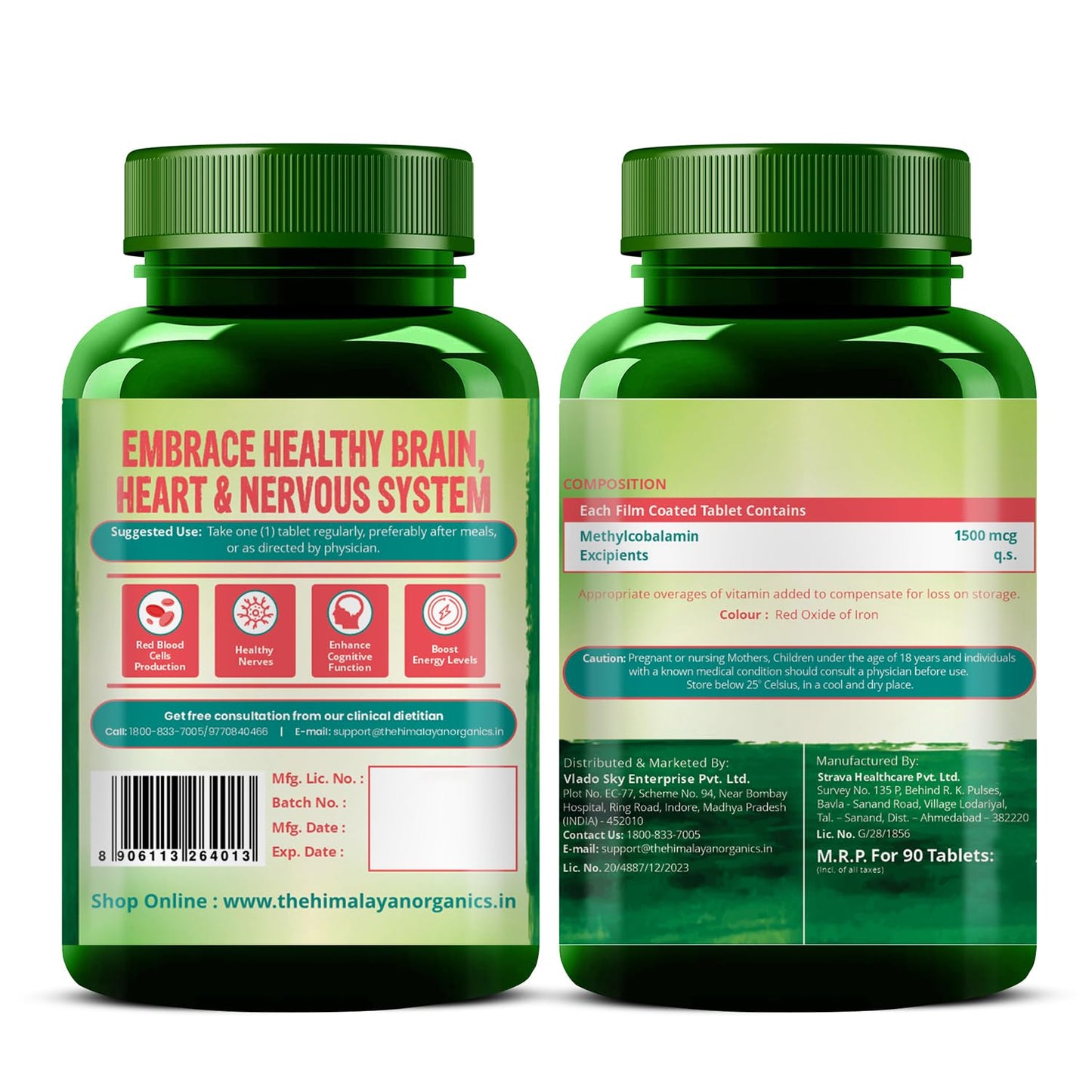 Vlado's Himalayan Organics Vitamin B12 Tablets 1500 mcg -Active form of Methylcobalamin Vitamin B12 Supplements for Men & Women - Pack of 2-180 Veg Tablets