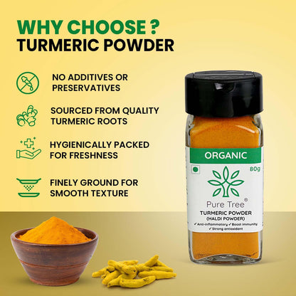 Pure Tree Certified Organic Haldi Powder | 80 g | Glass Jar | Turmeric Powder | Spice Masala Powder Raw for Milk | Strong Antioxidant