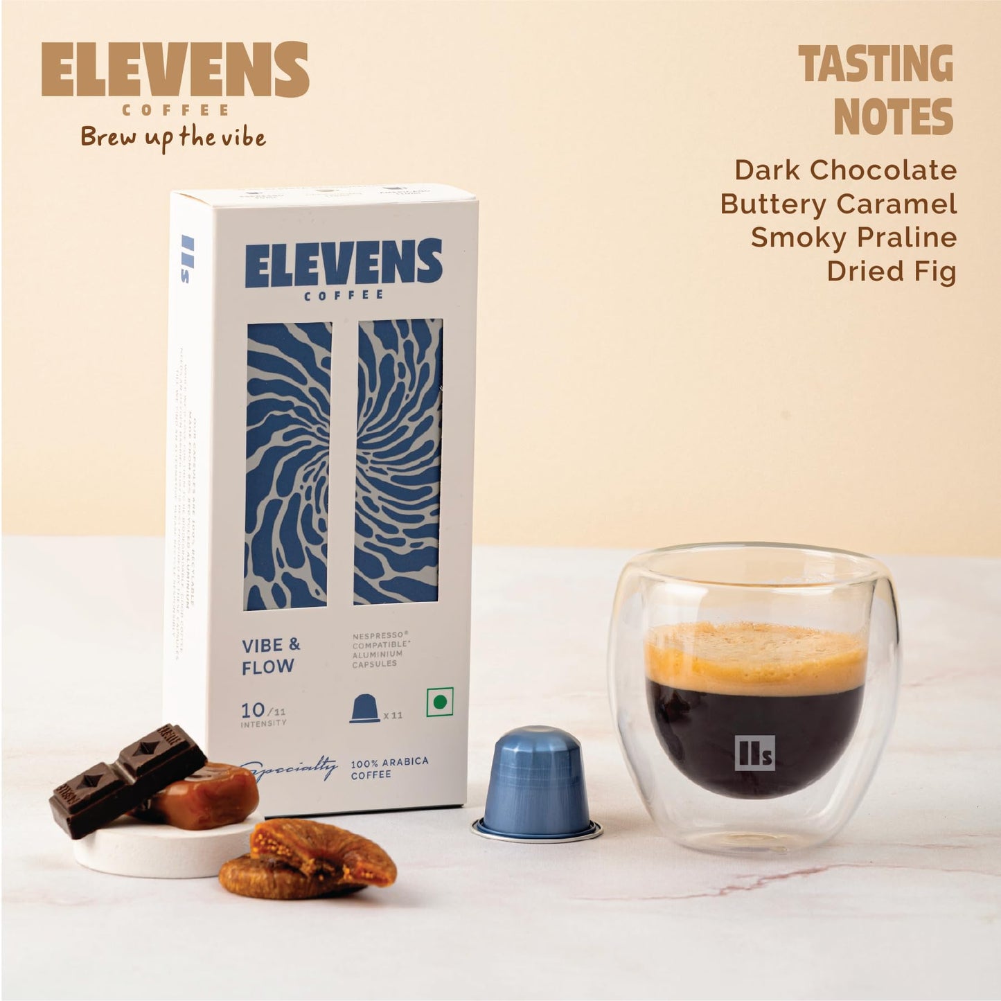 ELEVENS COFFEE | Vibe & Flow | Specialty Coffee Capsules | 100% Arabica | Dark Roast | Intensity 10 | Compatible with Nespresso (11 Count (Pack of 1))