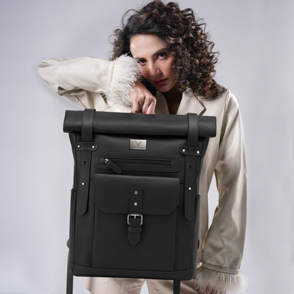 REDHORNS Urbane Pro Roll-Top Unisex Genuine Leather Backpack- 25L Backpack For Business, Office, Travel with Trolley Sleeve- Black