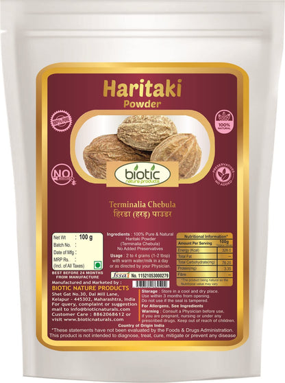 Biotic Haritaki Powder (Terminalia Chebula) Harad Powder - Inknut - Kadukkai Churna - 100 gm