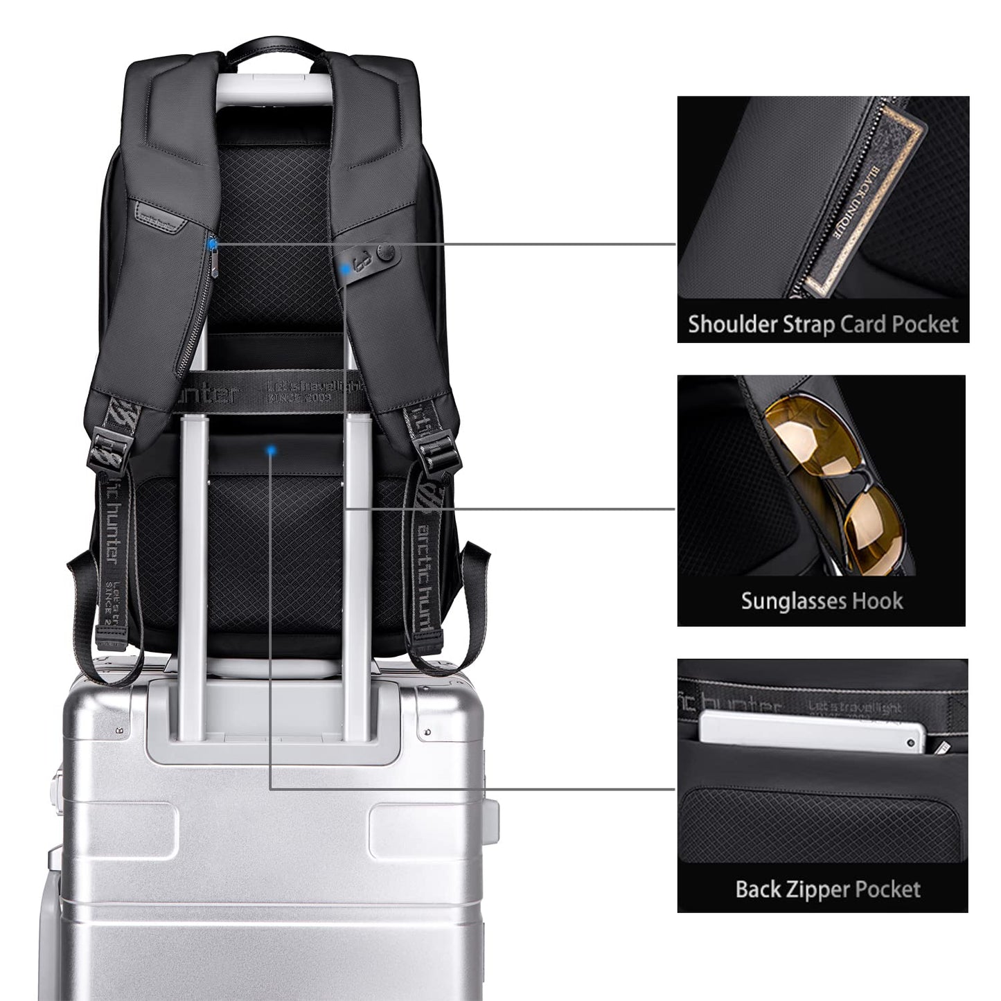 Arctic Hunter Slim Backpack for Men 18L Semi-hard 15.6" Laptop Bag Anti-theft Backpack with Lock with Inner Bottle Pocket Water-resistant Smart Gaming Backpack for Business Daily College Use, Black