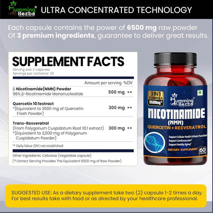 Humming Herbs NMN Nicotinamide Mononucleotide with Resveratrol & Quercetin | Supports Cellular Health, Boosts NAD+ Levels, Promotes Energy & Healthy Aging | Advanced Anti-Aging Formula 60 capsule