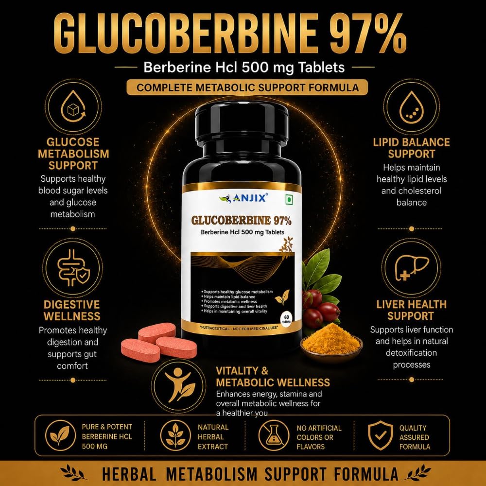 Anjix Berberine HCL 97 Percent Tablets | 500 mg Herbal Supplement for Metabolism Support Digestive Wellness | 60 Tablets Pack