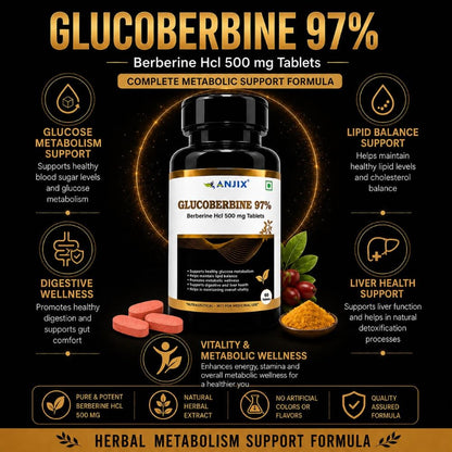 Anjix Berberine HCL 97 Percent Tablets | 500 mg Herbal Supplement for Metabolism Support Digestive Wellness | 60 Tablets Pack