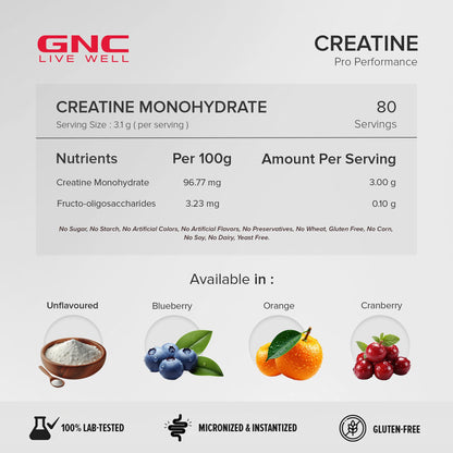 GNC Pro Performance Creatine Monohydrate - 3000mg Creatine Per Scoop | Micronized for Faster Absorption | Boosts Energy, Muscle Volume & Performance | Gluten-Free | Unflavored | 250gm