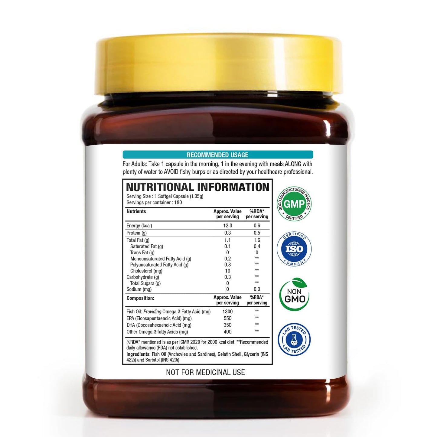 WOW Life Science Omega-3 Fish Oil 1300 mg Triple Strength - 550mg EPA & 350mg DHA for Joints, Heart & Brain Health - 180 Capsules