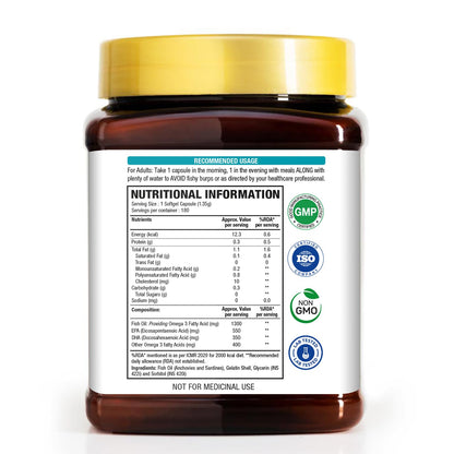 WOW Life Science Omega-3 Fish Oil 1300 mg Triple Strength - 550mg EPA & 350mg DHA for Joints, Heart & Brain Health - 180 Capsules