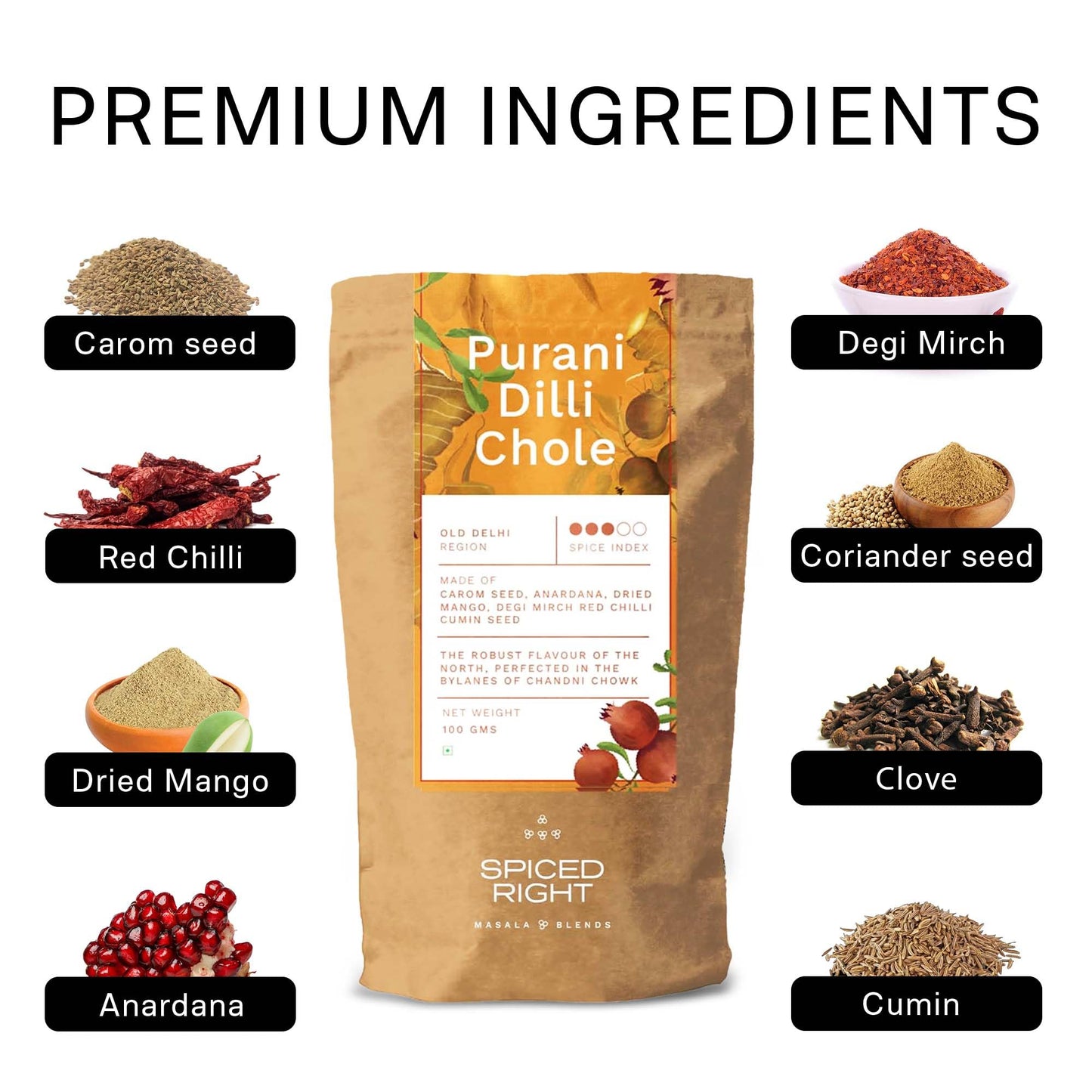 Spiced Right Purani Dilli Chole/Chana Masala Powder 100g | Authentic Punjabi Amritsari Pindi Style Masala for Chickpeas, Choley Bhature | No Onion Garlic | Traditional Indian Spice Blend