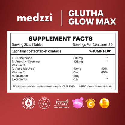 Medzzi Gluta Glow Max | L-Glutathione 600mg with Astaxanthin, N-Acetyl Cysteine, Vitamin C & E | Skin Radiance, Even Tone & Glow Support | For Men & Women | 30 Veg Tablets