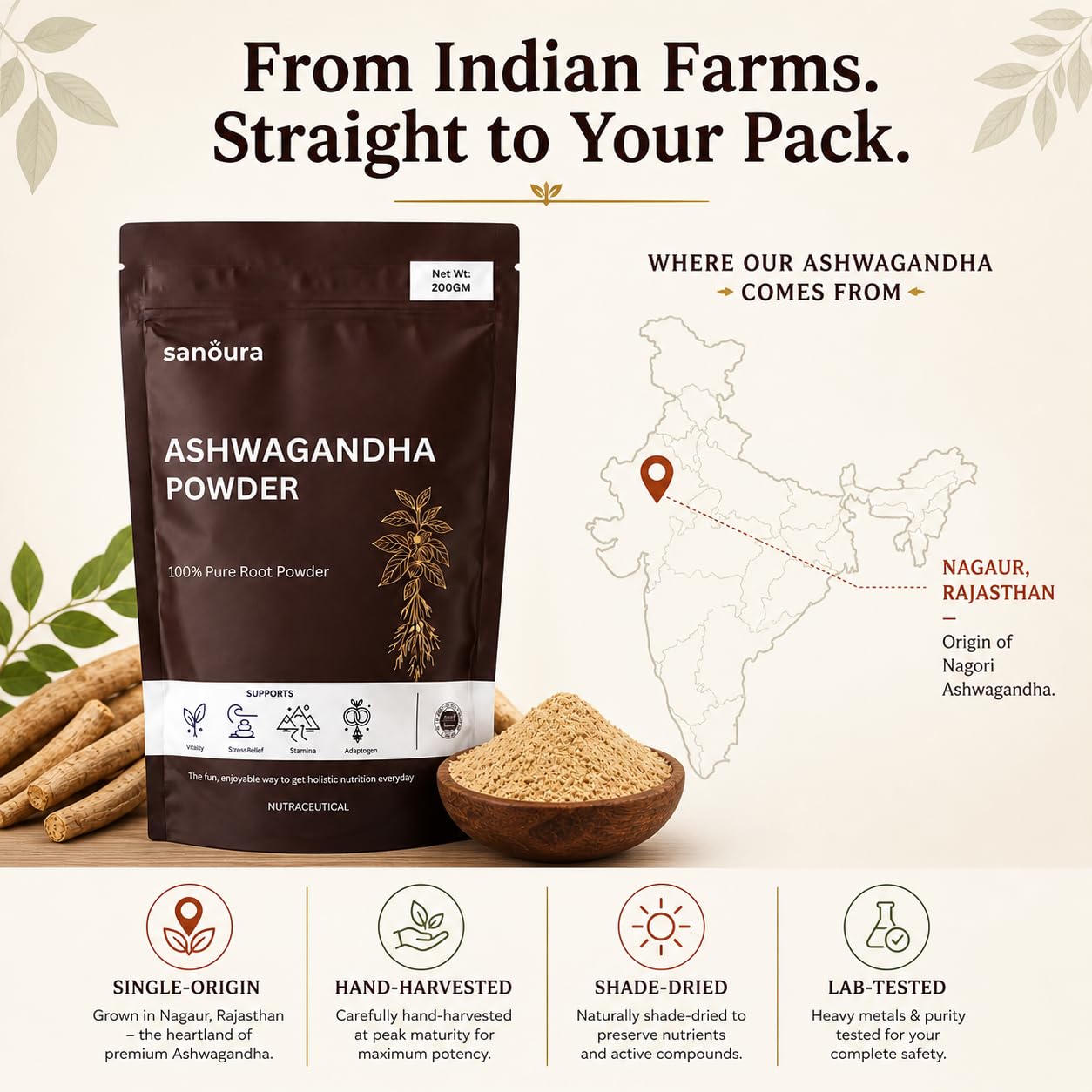 Sanoura Ashwagandha Powder 200g | Pure Root Powder | Lab Tested | Stress, Sleep & Stamina Support