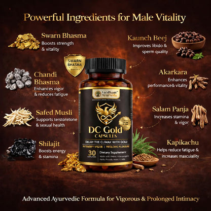 Vardham Ayurveda DC Gold Capsules | Ayurvedic Male Vitality & Fertility Support | Swarn Bhasma, Shilajit, Safed Musli & Kaunch Beej | Stamina, Strength & Sperm Health Support | 30 Capsules