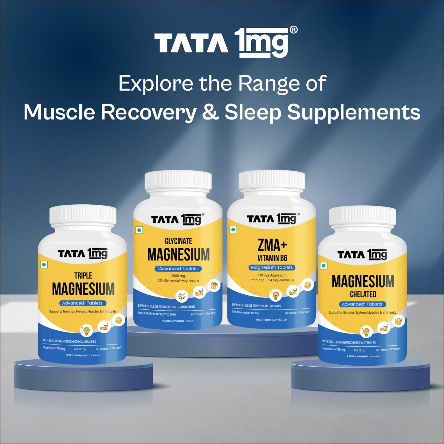 TATA 1MG ZMA+ Vitamin B6 Tablets| 100% RDA of Magnesium & Vitamin B6 | High Absorption Zinc Citrate for Muscle Recovery, Sleep & Strength | Reduces Cramps & Fatigue | 60 Tablet