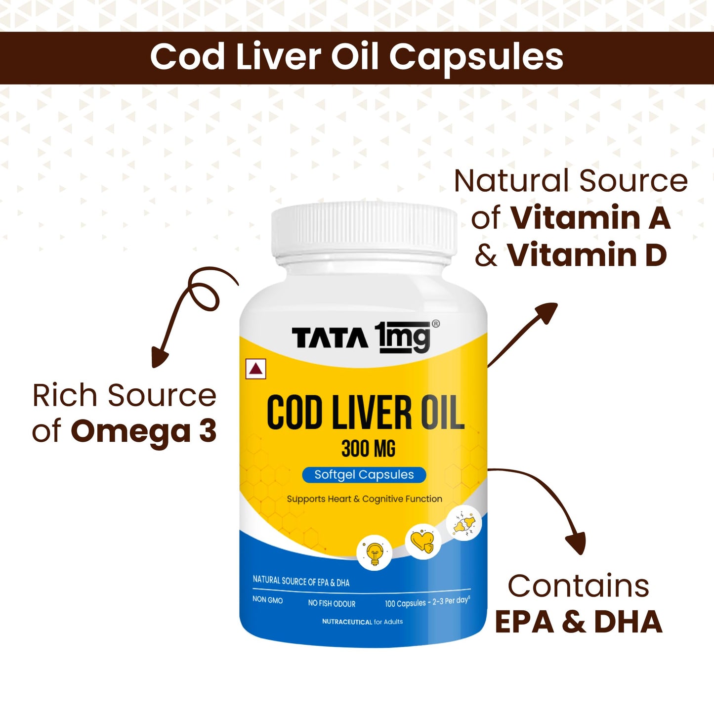1MG Tata Cod Liver Oil Supplement with Omega 3,Vitamin A and D - 100 Capsules | Supports Heart, Brain, Joint and Vision Health | Fish Oil for Women & Men | No Fish Odour & Non-GMO