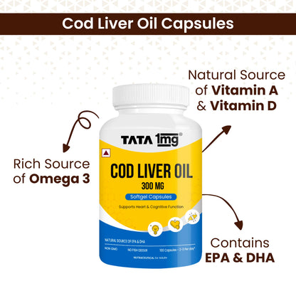 1MG Tata Cod Liver Oil Supplement with Omega 3,Vitamin A and D - 100 Capsules | Supports Heart, Brain, Joint and Vision Health | Fish Oil for Women & Men | No Fish Odour & Non-GMO