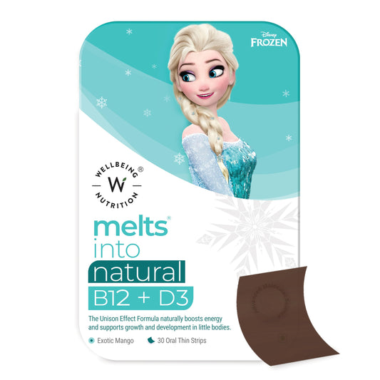 Wellbeing Nutrition Frozen Elsa Melts | Vitamin B12, D3 & K2 for Kids (6+) | Supports Bone & Muscle Health, Cognitive Development & Energy, Heart Health | Exotic Mango Flavor (30 Oral Strips)