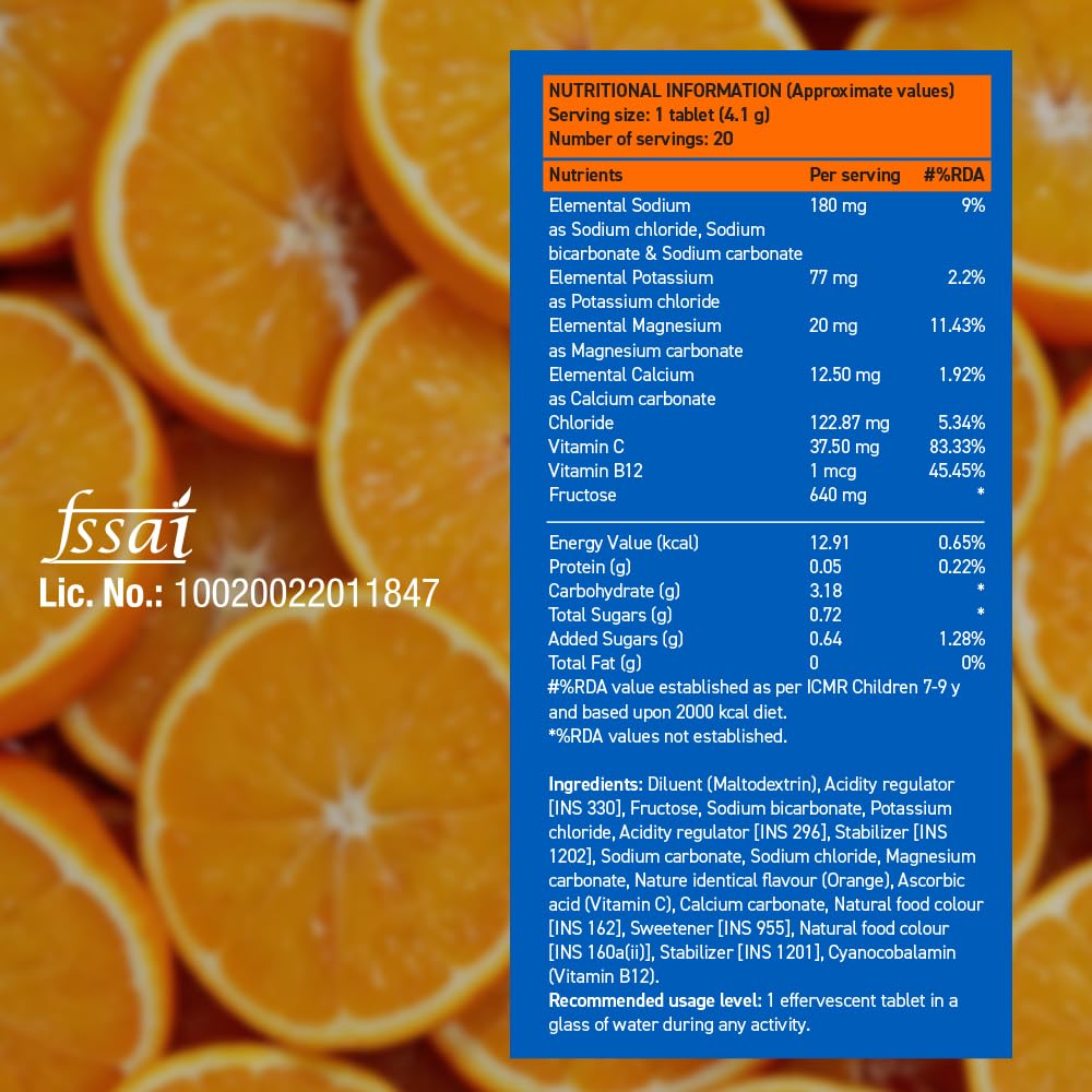 Fast&Up Reload (5 Litres) Low Sugar energy drink for Instant Hydration - 20 Effervescent Tablets with all 5 Essential Electrolytes + Added Vitamins - Certified Electrolytes Drink - Orange flavour